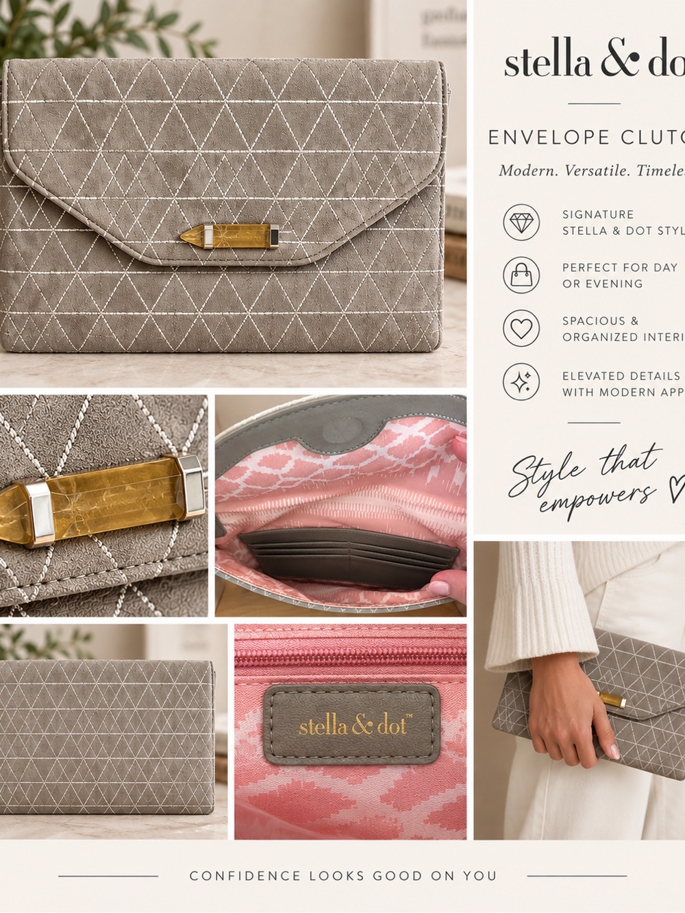 Stella & Dot Taupe Quilted Suede Envelope Clutch with Gold Accent